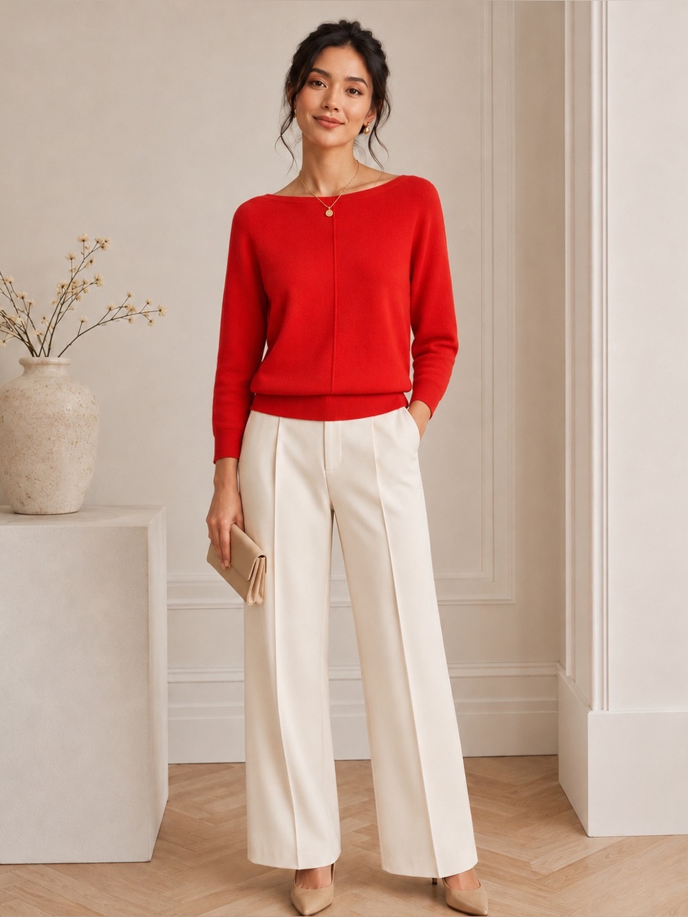 MAX STUDIO Women’s Red Boatneck Long-sleeve Pullover Sweater Size Small